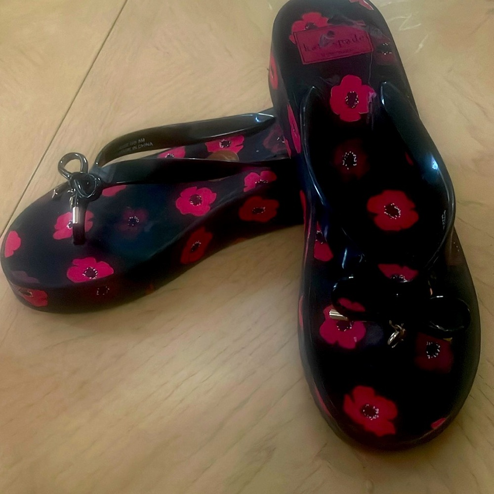 kate spade Black Sandals with Pink and Red Floral Print